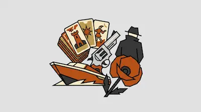 A collection of stylized icons featuring tarot cards, a revolver, a man in a trench coat, a speedboat, and a poppy flower.