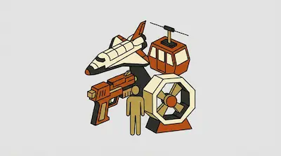 A collection of isometric objects including a space shuttle, a cable car, a toy gun, a person icon, and a turbine.