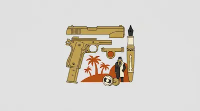A gold-colored handgun, a fountain pen, and a man in a trench coat are arranged around a small landscape with palm trees.