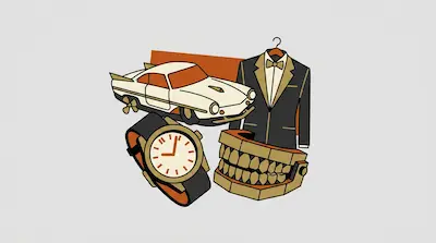 A white vintage sports car, a black tuxedo on a hanger, a gold wristwatch, and a set of gold teeth are grouped together against a plain background.