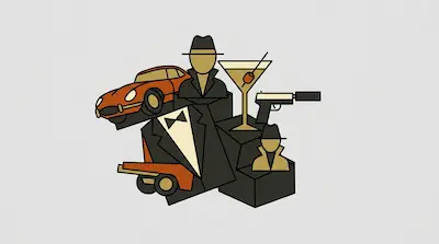 Stylized graphic icons of a sports car, a man in a fedora and trench coat, a tuxedo, a martini glass, and a silenced handgun.