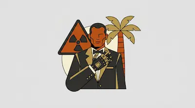 A man in a tuxedo with a robotic hand, positioned in front of a radiation symbol and a palm tree.