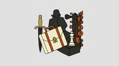 A silhouette of a person in a trench coat is surrounded by a dagger, a locked briefcase, a chess king, and a steam locomotive.