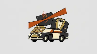 A vintage sports car, a tuxedo, and a stack of gold bars are positioned in front of a laser beam cutting through a metal plate.