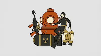 A collection of icons including a harpoon gun, a vintage diving helmet, a scuba diver, a nuclear bomb, and a jetpack.