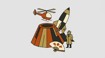 A helicopter flies above a volcano, a rocket, a man in a trench coat, and a folding fan.