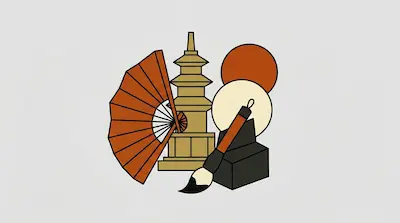 Flat illustration of a Japanese pagoda, a folding fan, and a calligraphy brush against a light gray background