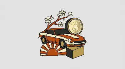 A stylized orange and white sports car is surrounded by a cherry blossom branch, a large circular headlight, and a rising sun design.