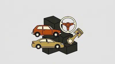 Two cars, a steering wheel, and an engine piston are displayed against a backdrop of dark grey cubes.