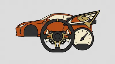 A stylized orange sports car with a large steering wheel and a speedometer in the foreground.