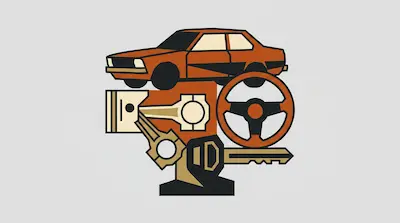 A stylized arrangement of an orange car, a steering wheel, a piston, and a car key.