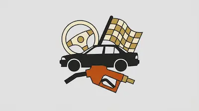A black car silhouette surrounded by a steering wheel, a checkered flag, and an orange gas pump nozzle.