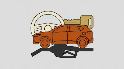 An orange car layered with a steering wheel, a key, and a gas pump nozzle.