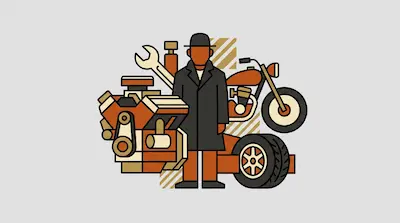 A person in a hat and trench coat stands surrounded by mechanical items, including an engine, a wrench, a motorcycle, and a tire.