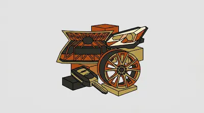 A graphic arrangement of car parts including a wheel, headlight, grille, and key fob in shades of orange, tan, and black.