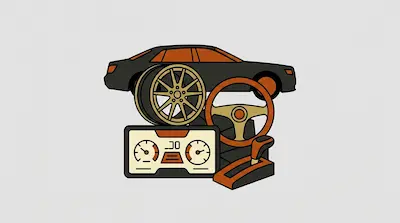 A collection of car-related icons including a vehicle silhouette, a wheel, a steering wheel, a dashboard, and a gear shifter.