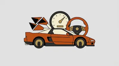 An orange sports car positioned in front of a speedometer, a steering wheel, and geometric shapes.