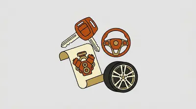 A car key, steering wheel, tire, and a scroll with an engine icon.
