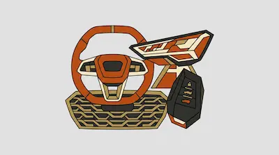Stylized orange and tan car parts including a steering wheel, headlight, grille, and key fob.