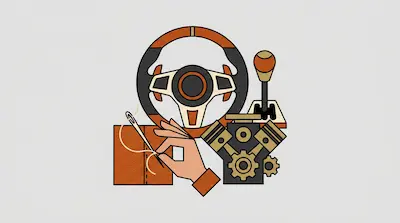 A steering wheel, gear shifter, and engine block grouped with a hand sewing a piece of leather.