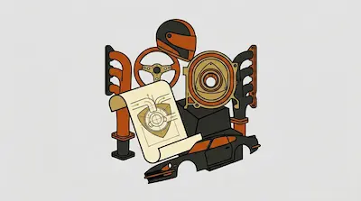 Flat illustration of car parts including a rotary engine, steering wheel, and racing helmet in orange and black