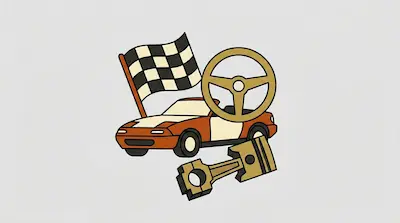 Flat illustration of a red sports car with a checkered racing flag, a steering wheel, and a piston on a gray background