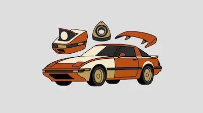 Flat illustration of an orange sports car with floating parts including a pop up headlight and a rotary engine rotor