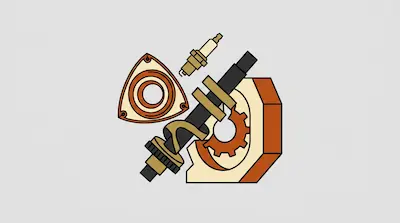 Flat illustration of mechanical engine parts including a rotary rotor, a spark plug, and a crankshaft on a gray background