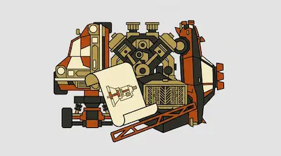 A collection of stylized automotive components, including a V-engine, a blueprint, and two vehicles.