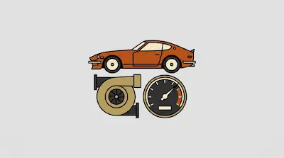 An orange sports car sits above a turbocharger and a tachometer.