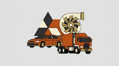 An orange sports car and semi-truck are positioned in front of a large turbocharger and a geometric diamond pattern.
