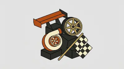 A car spoiler, turbocharger, wheel, and checkered flag grouped together.