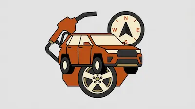 An orange SUV is surrounded by a fuel pump nozzle, a compass, and a large car wheel.