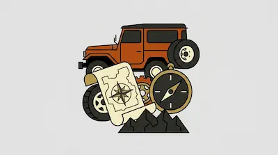 An orange off-road vehicle is surrounded by adventure-themed items, including a map, a compass, and a mountain range.