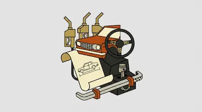 A stylized arrangement of car parts including gas pump nozzles, a steering wheel, a bumper, and a blueprint.