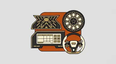 Stylized car components including a steering wheel, a wheel rim, and a dashboard display in a black, gold, and orange color palette.