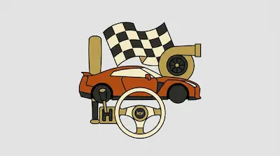A stylized orange sports car surrounded by a checkered flag, a turbocharger, a steering wheel, and a gear shifter.