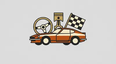 An orange sports car with a steering wheel, engine piston, and checkered flag in the background.