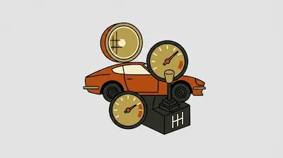 An orange sports car is surrounded by a large headlight, two gauges, and a manual gear shifter.