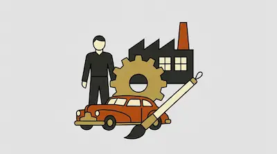 A person stands behind a large gear and a car, with a factory in the background and a paintbrush in the foreground.