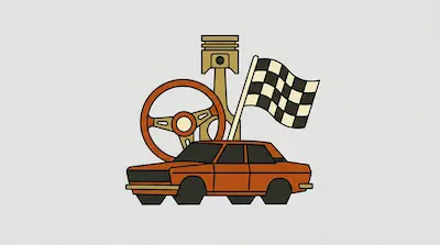 An orange car positioned in front of a steering wheel, a piston, and a checkered flag.
