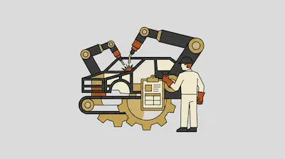 A worker with a clipboard monitors two robotic arms welding a car frame on a conveyor belt.
