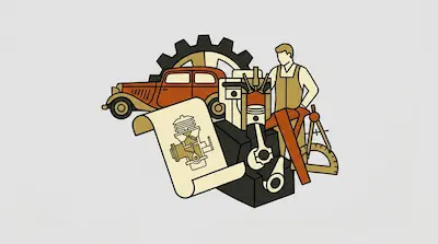 A vintage car, a large gear, a man in overalls, a blueprint, and mechanical engine components.