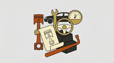 A collection of car parts and tools including a piston, wrench, steering wheel, fuel gauge, and a blueprint.