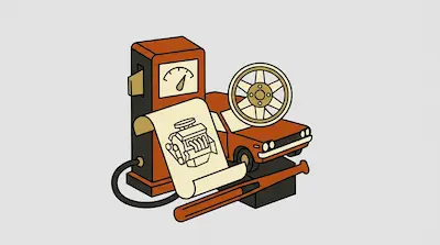 A collection of car-related items including a gas pump, a car, a wheel, an engine diagram, and a baseball bat.