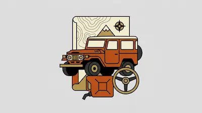 An orange off-road vehicle positioned in front of a topographic map, mountain, compass rose, steering wheel, and gas can.
