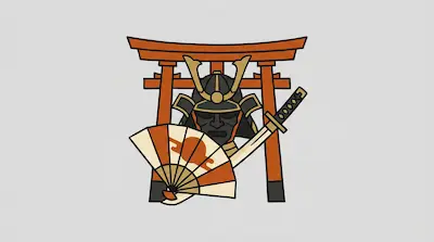A stylized graphic of a samurai helmet in front of a torii gate, flanked by a katana and a folding fan.