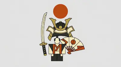 A red sun, a samurai helmet, a katana, a small figure in traditional dress, and a folding fan.