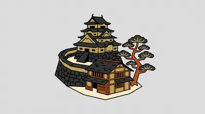 A stylized Japanese castle with a multi-tiered keep, stone walls, and a pine tree.