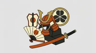 A samurai helmet, a katana, and two fans are grouped together.